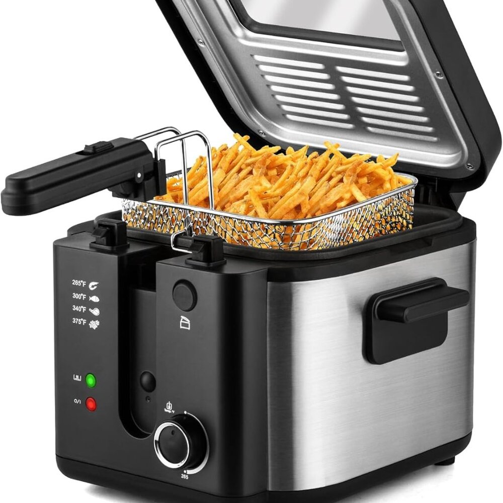 Deep Fryer 1500W Non-Stick Inner Pot Removable Lid Temp Control 2.5L